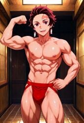 abs ai_generated bathhouse biceps blush demon_slayer earrings flexing_arms gay jockstrap jockstrap_only looking_at_viewer male male_only muscular muscular_male nipples nude_male open_mouth pecs red_eyes red_hair smile tanjiro_kamado toned_body toned_male twall97