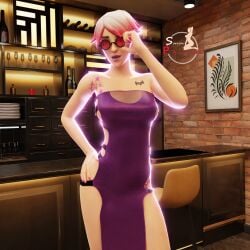 adjusting_eyewear adjusting_glasses adjusting_sunglasses bar callisto_(fortnite) exposed_thighs fortnite girl looking_at_viewer pink_hair purple_lipstick red-tinted_eyewear sideboob sorrenpalace sunglasses tattoo tattoos thighs tinted_eyewear wine wine_bottle wine_glass