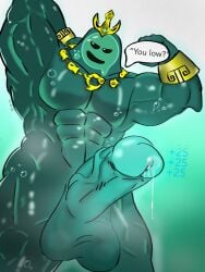 1boy 2024 abs anthro arm_behind_head balls bara big_penis dialogue english_text epic_games erection flexing_bicep fortnite genital_fluids genitals glans glowing glowing_penis goo_creature goo_humanoid humanoid humanoid_genitalia humanoid_penis itz_zyair male male_only muscular_male pecs penis poseidon_(fortnite) precum rippley simple_background solo testicles text uncensored vein veiny_penis viewed_from_below