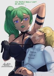 1boy 1girls armpit armpit_fetish armpits arms_up big_breasts blonde_hair blonde_hair_male collar collar_pull color colored doktor_malefic dominant dominant_female domination female femdom fully_clothed green_hair green_lipstick land_(sousou_no_frieren) lipstick malesub purple_eyes short_hair steam steamy_breath sweat sweatdrop sweating sweaty text tied_hair ubel_(sousou_no_frieren)