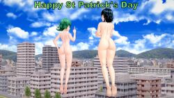 2girls 3d ass barefoot black_hair breasts casual completely_nude completely_nude_female feet female female_only fubuki_(one-punch_man) green_hair human multiple_girls nude nude_female nudist one-punch_man pale_skin public rear_view retropunch saint_patricks_day short_hair soles tatsumaki toes