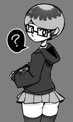 1female 1girls ? ass bunijayy butt emmi_(bunijayy) emmi_(bunijayy) female girl glasses greyscale hood_down hoodie monochrome oc original_character panties requested requested_art short_skirt skirt square_glasses text_bubble thigh_highs thighhighs thighs