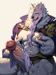 1boy absurdres animal_ears bara bare_pectorals beard clothes_lift facial_hair furry furry_male girthy_penis grey_fur highres huge_cock huge_eyebrows large_hands large_pectorals law_(sdorica) long_beard looking_at_viewer male_focus mature_male muscular muscular_male nipple_stimulation nipple_tweak nipples pectorals pelvic_curtain pelvic_curtain_lift penis sdorica seductive_smile smile solo sweat thick_eyebrows thick_thighs thighs tweaking_own_nipple uza_(hellme) wolf_boy wolf_ears