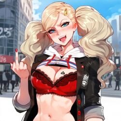 1girls ai_generated ann_takamaki atlus big_breasts blonde_hair blue_eyes breast_tattoo breasts female flipping_viewer_off floox large_breasts light-skinned_female long_hair megami_tensei middle_finger persona persona_5 queen_of_spades tattoo_on_breast tattoo_on_chest thick_thighs twintails