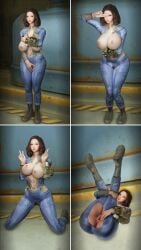 3d bethesda_softworks breasts breasts_out_of_clothes double_peace_sign emotrashcan fallout large_breasts nipples nora_(fallout_4) pip-boy pussy pussy_out pussy_peek ripped_bodysuit vault_dweller vault_suit