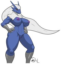 absurd_res anthro blaziken blue_body breasts female female_blaziken generation_3_pokemon genitals hair hands_on_hips hi_res looking_at_viewer nintendo nipples nude pokemon pokemon_(species) purple_nipples pussy red_eyes salandile solo white_hair