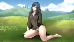 1girls bare_legs black_panties black_thong blue_eyes byleth_(fire_emblem) byleth_(fire_emblem)_(female) fire_emblem fire_emblem:_three_houses kneeling long_hair looking_at_viewer medium_breasts nightgown nintendo nipples outdoors panties see-through solo teal_hair thong vaenerik_naarla