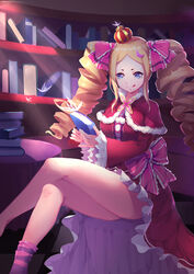 :q aged_up alternate_breast_size bare_legs beatrice_(re:zero) blonde_hair blue_eyes book book_(object) bookshelf bow bug butterfly capelet clothing crossed_legs crossed_legs_(sitting) crown dress drill_hair female female frilled_dress frills fur_trim hair_ornament hair_ribbon headwear high_resolution holding holding_book holding_object insects large_breasts legs long_hair long_legs long_sleeves looking_at_viewer mini_crown older pantyhose pantyhose_pull pixiv_id_3826156 pom_pom_(clothes) re:zero_kara_hajimeru_isekai_seikatsu ribbon sitting smile solo striped striped_legwear tied_hair tongue tongue_out twin_drills twintails xc_(lingshi_mi_zhi) xc_(pixiv3826156)