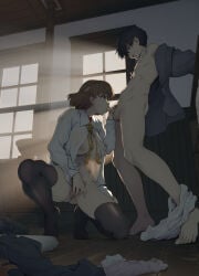 1boy 1girl black_hair black_thighhighs breasts brown_eyes brown_hair censored chiyoda_(kancolle) collared_shirt commentary_request fellatio female_masturbation female_pubic_hair fingering headband hetero highres indoors kantai_collection large_breasts masturbation medium_hair mosaic_censoring nipples open_clothes open_shirt oral pubic_hair shirt short_hair takemura_sessyu testicles thighhighs unworn_clothes white_shirt