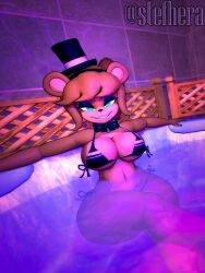 1girls 3d bear big_breasts bikini blue_eyes brown_body brown_fur brown_hair cally3d cryptiacurves fazclaire's_nightclub female female_focus five_nights_at_freddy's freddy_(fnaf) fredina's_nightclub fredina_(cally3d) frenni_(cryptia) frenni_fazclaire hat highres pole smiling solo stefhera swimsuit tagme yellow_eyes