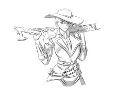 1girls ashe_(overwatch) cowgirl_outfit female female_focus female_only gun hat kirik necktie overwatch overwatch_2 thick