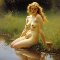 ai_generated bathing belly blonde_hair blue_eyes breasts bushy_pubes curly_hair curvy lake legs_in_water lips long_hair navel nipples nude nude_female presenting pubic_hair puddle realistic sitting small_breasts smile solo water william_bouguereau