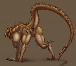 anthro anus areola ass big_breasts big_butt black_claws black_eyes bodily_fluids breasts brown_areola brown_background brown_body brown_nipples brown_scales claws digitigrade female genitals lactating long_tail looking_at_viewer looking_back looking_back_at_viewer medicinal_succ milk nipples nude open_mouth pupils pussy rear_view scales scalie sharp_teeth simple_background slit_pupils solo spikes spikes_(anatomy) spread_pussy spreading tail tan_body tan_scales tarrasque teeth thick_thighs tongue tongue_out wide_hips yellow_sclera