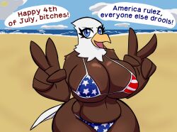 4th_of_july accipitrid accipitriform american_eagle american_flag_bikini anthro avian bald_eagle beach beak belly big_breasts bikini bird blue_eyes breasts brown_body cleavage clothing curvy_figure detailed_background dialogue eagle english_text female furry furry_only gesture hi_res huge_breasts large_breasts lemondude sea_eagle seaside solo swimwear text thick_thighs v_sign