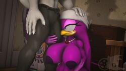 3d adam_(juicyducksfm) anthro arm_tattoo avian bandana bedroom bird blue_eyes board bottomwear breasts bulge canid canine canis clothed clothing digital_media duo fan_character female fur half-closed_eyes hand_on_head hand_on_leg hi_res jewelry juicyducksfm kerchief large_breasts looking_at_another male male/female mammal muscular muscular_male narrowed_eyes necklace nude outline pants partially_clothed purple_body purple_skin sega smile sonic_(series) sonic_riders sonic_the_hedgehog_(series) source_filmmaker tattoo wave_the_swallow white_body white_fur wolf