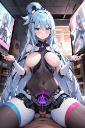 1boy 1girls ai_generated aqua_(konosuba) blue_eyes blue_hair embedded_penetrable_sex_toy female kono_subarashii_sekai_ni_shukufuku_wo! male pov sex vaginal_penetration