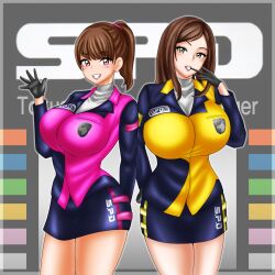 2girls big_breasts brown_hair kodou_koume koume_kodou marika_reimon multiple_girls pin_up pink_eyes police_outfit police_outfits reimon_marika super_sentai tokusou_sentai_dekaranger treezero white_shirt yellow_eyes