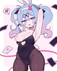 ace_(playing_card) ace_of_hearts animal_ears armpits bare_shoulders black_leotard black_pantyhose black_ribbon blue_eyes blue_hair border breasts cameltoe card clarevoir clothing_cutout fake_animal_ears female gradient_hair hair_ornament hairband hatsune_miku heart heart_cutout highres large_breasts leotard light_blush looking_at_viewer multicolored_hair mv_character navel nipples one_breast_out open_mouth pantyhose pink_background pink_hair playboy_bunny playing_card rabbit_ears rabbit_hair_ornament rabbit_hole_(vocaloid) ribbon shortstack smile solo spoken_heart sweat teardrop_facial_mark twintails vocaloid white_border white_hairband x_hair_ornament