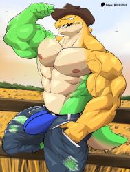 1boy 2024 abs alligator alligatorid anatake anthro anthro_focus anthro_only anthro_solo bara barazoku beefy biceps bulge bulge_through_clothing cowboy cowboy_hat crocodile crocodilian crocodylid detailed_background digital_drawing_(artwork) digital_media_(artwork) flexing flexing_arm flexing_bicep gay gummigoo_(the_amazing_digital_circus) gummy_(food) hat headgear headwear living_candy living_food male male_anthro male_focus male_only muscles muscular_anthro muscular_arms muscular_male navel nipples open_pants pants pants_open partially_clothed partially_clothed_male patreon_username pecs pectorals penis_outline reptile reptile_humanoid smile smiley_face solo solo_anthro solo_focus solo_in_panel solo_male tail the_amazing_digital_circus underwear underwear_bulge underwear_only veiny veiny_arms