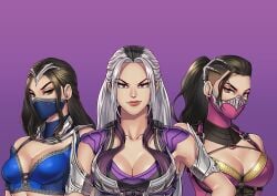 big_breasts black_hair blue_clothing breasts female female_only kitana kitana_(new_era) long_hair mask masked masked_female mileena mileena_(new_era) mortal_kombat mortal_kombat_1_(2023) pink_clothing ponytail purple_clothing sindel sindel_(new_era) smile smiling thotlerrr treartz white_hair