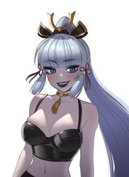1girls bangs black_bra black_lipstick blue_eyes blunt_bangs blush bra breasts choker cleavage clothing eyebrows_visible_through_hair female female_only genshin_impact goth gothified hair_ornament hair_ribbon kamisato_ayaka light-skinned_female light_skin lipstick medium_breasts midriff open_smile pale-skinned_female pale_skin ponytail sidelocks silver_hair smile teenager white_background