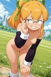 1girl ai_assisted ai_generated blonde_hair blunt_bangs british cleft_of_venus cute_face dark_green_hair dork dynamic_angle dynamic_pose female green_eyes green_pubic_hair half_closed_eyes inverted_nipples legs_spread mega_man moles naked narrow_hips narrow_waist nerd nude petite red_nipples roll small small_nose smirk