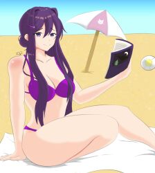 1female 1girls bare_shoulders beach bikini bikini_bottom bikini_top breasts doki_doki_literature_club female girl long_hair purple_bikini purple_bikini_bottom purple_bikini_top purple_eyes purple_hair purple_swimwear sand swimwear thefishart yuri_(doki_doki_literature_club)