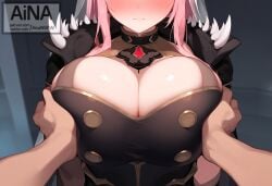 1boy 1girls ai_generated ainansfw big_breasts blush breasts breasts_squeezed_together clothed female grope groping groping_breasts hololive hololive_english hololive_myth light-skinned light_skin long_hair male_povpov mori_calliope pink_hair pov_hands virtual_youtuber vtuber watermark