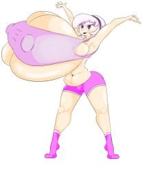 armpits big_nipples bulging_breasts chubby cleavage coltetbe crop_top hands_above_head homestuck hyper_breasts rose_lalonde shorts side_boob socks tight_clothing under_boob white_background