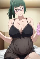 1girls ai_generated athletic athletic_female babydoll before_sex big_breasts blunt_bangs bra breasts breasts_bigger_than_head condom condom_packet_strip eyewear female female_focus female_only glasses green_eyes holding_object huge_breasts jujutsu_kaisen large_breasts light-skinned_female light_skin lingerie megane mommy nai_diffusion offering panties ponytail pregnant pregnant_belly pregnant_female revealing_clothes sidelocks sitting sitting_on_bed skimpy skimpy_clothes smile solo stable_diffusion stockings tied_hair tofuro toned toned_female top_heavy top_heavy_breasts voluptuous zenin_maki