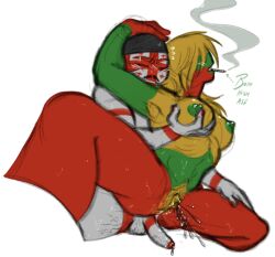 1boy body_hair breasts breasts_out cock countryhumans countryhumans_girl drugs female georgia_(countryhumans) kingofkinks lithuania_(countryhumans) long_hair messy_hair naked nude penis pull_out pussy pussy_ejaculation pussy_juice smoking smoking_weed weed