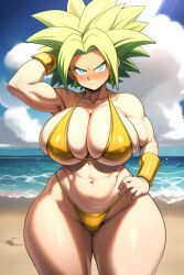 1girls ai_generated annoyed beach big_breasts bikini blonde_hair blue_eyes daidouji_(artist) daidoujipv dragon_ball dragon_ball_super gigantic_breasts golden_bikini hand_on_head hand_on_hip kefla legendary_super_saiyan light micro_bikini sunlight sunlight_rays super_saiyan super_saiyan_2 wide_hips