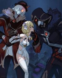 1girls 2021 2boys archon_of_flesh arms_behind_back artist_signature blonde_hair captured captured_heroine chin_grab damsel_in_distress defeat defeated defeated_heroine fatui_pyro_agent flower_in_hair genshin_impact geochanter_bracer hand_on_chin hands_behind_back hat holding_chin imminent_rape imminent_sex lumine_(genshin_impact) npc sole_female torn_clothes torn_clothing white_stockings