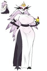 anthro avian big_breasts big_legs big_nipples big_thighs cartoonwizzard female_only flat_colors goetia helluva_boss huge_breasts huge_thighs looking_at_viewer owl_demon pink_eyes stella_(helluva_boss) vivziepop white_dress yellow_eyes