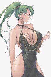 1girls :| absurdres alternate_costume bare_arms bare_shoulders bare_thighs belly_chain black_dress border breasts calmgreentori chain cleavage closed_mouth collarbone cover cowboy_shot cutout cutout_dress dress earrings evening_gown female female_only fire_emblem fire_emblem:_the_blazing_blade floating_hair glint gold_chain green_eyes green_hair grey_background halter_dress halterneck high_ponytail highres hip_cutout hip_vent jewelry large_breasts long_hair looking_at_viewer low_neckline lyn_(fire_emblem) meme_attire modakawa_dress nintendo o-ring ponytail revealing_clothes sideboob simple_background sleeveless sleeveless_dress solo standing sword thick_thighs thighs weapon wide_hips