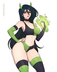 1girls 2d 2d_(artwork) abs black_hair breasts disney elbow_gloves female female_focus female_only goth green_eyes heart_pupils heart_shaped_pupils horns kim_possible large_breasts light-skinned_female long_hair pale-skinned_female pale_skin patreon_username shego simple_background solo solo_female solo_focus thighhighs toksie two_tone_armwear two_tone_bra two_tone_clothing two_tone_gloves two_tone_legwear two_tone_panties very_long_hair villainess white_background wide_hips