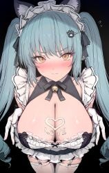 cream_on_breasts embarrassed english_text full-face_blush goddess_of_victory:_nikke haoni heart high-angle_view huge_breasts privaty_(nikke) privaty_(unkind_maid)_(nikke) text veiny_breasts whipped_cream