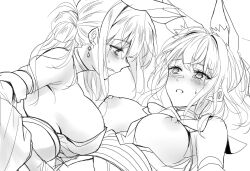 2girls animal_ear_fluff animal_ears bare_shoulders blush breasts detached_sleeves earrings fox_ears fox_girl jewelry monochrome multiple_girls nipples open_clothes original sawaya_(mizukazu) sweatdrop tears