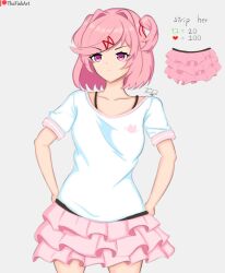 1female 1girls artist_name doki_doki_literature_club english_text frilly frilly_clothing frilly_skirt hair_intakes heart_icon natsuki_(doki_doki_literature_club) patreon_username pink_eyes pink_frilly_skirt pink_hair pink_skirt retweet_icon shirt skirt strip_game text thefishart