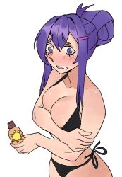 1female 1girls 5_fingers big_breasts bikini bikini_bottom bikini_top black_bikini black_bikini_bottom black_bikini_top blush blush_lines blushing breasts cleavage dairenke_art doki_doki_literature_club hair_bun hairbun purple_eyes purple_hair sunscreen tied_hair white_background yuri_(doki_doki_literature_club)