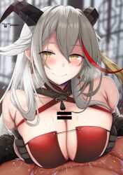 1boy aegir_(azur_lane) aegir_(golden_dragon_among_auspicious_clouds)_(azur_lane) artist_name azur_lane bar_censor black_gloves black_horns breasts breasts_squeezed_together censored cleavage criss-cross_halter female framed_breasts gloves grey_hair hair_between_eyes halterneck highres horn_ornament horns huge_breasts long_hair looking_at_viewer mosaic_censoring multicolored_hair official_alternate_costume paizuri peanut_(shokan) penis red_hair solo_focus streaked_hair two-tone_hair upper_body yellow_eyes