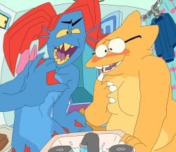 2d 2girls alphys bathroom blush breasts completely_nude completely_nude_female couple featureless_breasts female female_only fish_girl humanoid lizard_girl lizard_humanoid nude nude_female peeppepi tagme undertale undertale_(series) undyne