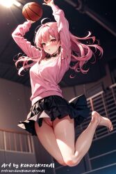 1girls ai_generated arms_up barefoot basketball basketball_court black_skirt blush choker female female_only indoors jumping kokorokaze light-skinned_female light_skin long long_hair looking_at_viewer low-angle_view no_panties no_underwear open_mouth patreon patreon_username pink_eyes pink_hair pink_sweater pussy shaved_pussy skirt small_breasts sweater upskirt visible_pussy watermark