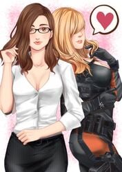 2girls big_breasts black_hair blonde_hair bodysuit breasts business_suit business_woman busty capcom catsuit cleavage gina_foley glasses hair_over_eyes hourglass_figure long_hair multiple_girls office_lady rachel_foley resident_evil resident_evil_revelations resident_evil_revelations_2 skirt sleeves_rolled_up tagme wide_hips