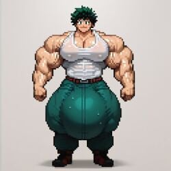 ai ai_assisted ai_generated belt big_bulge big_pecs bulge bursting_clothes bursting_out_of_clothing clothed clothed_male green_pants hyper_bulge impossible_clothing izuku_midoriya male male_only muscles muscular muscular_male my_hero_academia pixel_art see-through see-through_clothing see-through_top shiny_skin sweat sweatdrop sweating sweaty sweaty_body tank_top veiny_muscles