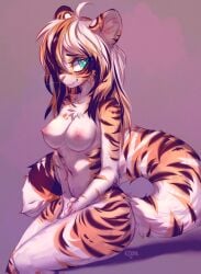 absurd_res anthro areola breasts calico_pattern felid female hi_res kolae mammal medium_breasts nipples nude pantherine pink_areola pink_nipples sitting solo teal_eyes tiger vala_(fzzr)