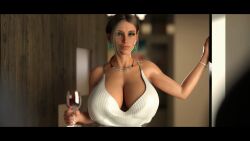 1girls big_breasts brown_hair cleavage dress female_focus fit_female jackerman large_breasts milf rebecca_taylor top_heavy wine wine_glass