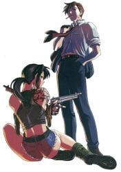 1boy 1girls ass back_view bare_legs black_lagoon boots female gun guns jean_shorts jeans long_hair looking_at_viewer looking_back lying lying_on_floor male official official_art okajima_rokuro pistol revy shorts slim_waist tattoo thick_ass thick_thighs tied_hair top