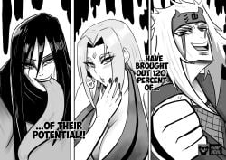 1girls 2boys big_breasts breasts busty cleavage curvaceous curvy curvy_body curvy_female curvy_figure english english_text female huge_breasts jiraiya large_breasts long_tongue naruto orochimaru simp_devil text tongue tongue_out tsunade voluptuous