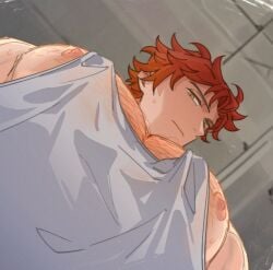 1boy alternate_body_hair alternate_pectoral_size bara fire_emblem fire_emblem:_three_houses foreshortening from_below grey_tank_top highres large_pectorals looking_at_viewer looking_down male male_focus male_only meme muscular muscular_male nintendo nipple_slip nipples orange_hair pectoral_cleavage pectoral_focus pectorals photo-referenced red_hair satodee short_hair sidepec sideways_glance solo sweatdrop sylvain_jose_gautier tank_top thick_chest_hair thick_eyebrows upper_body yur_oc_like_this_(meme)